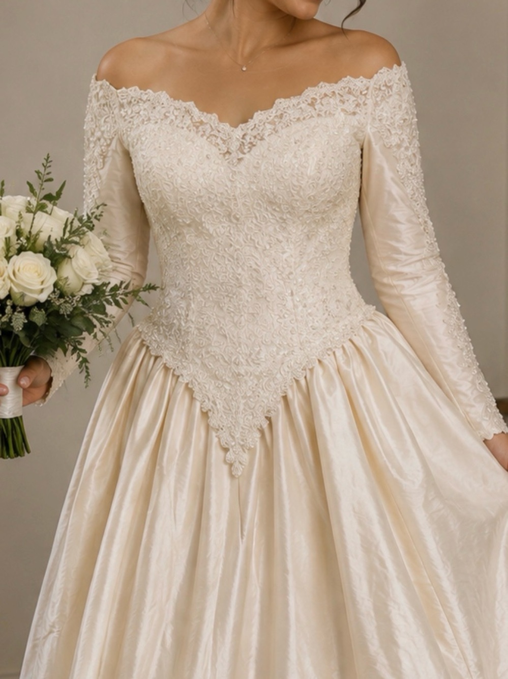 Mori Lee Off-Shoulder Cream Lace & Satin Bridal Gown